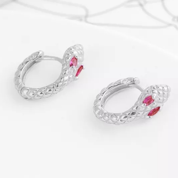 🐍Serpent Snake Hoop Stacking 925 Sterling Silver Pink Zircon Eyes - Picture 2 of 12